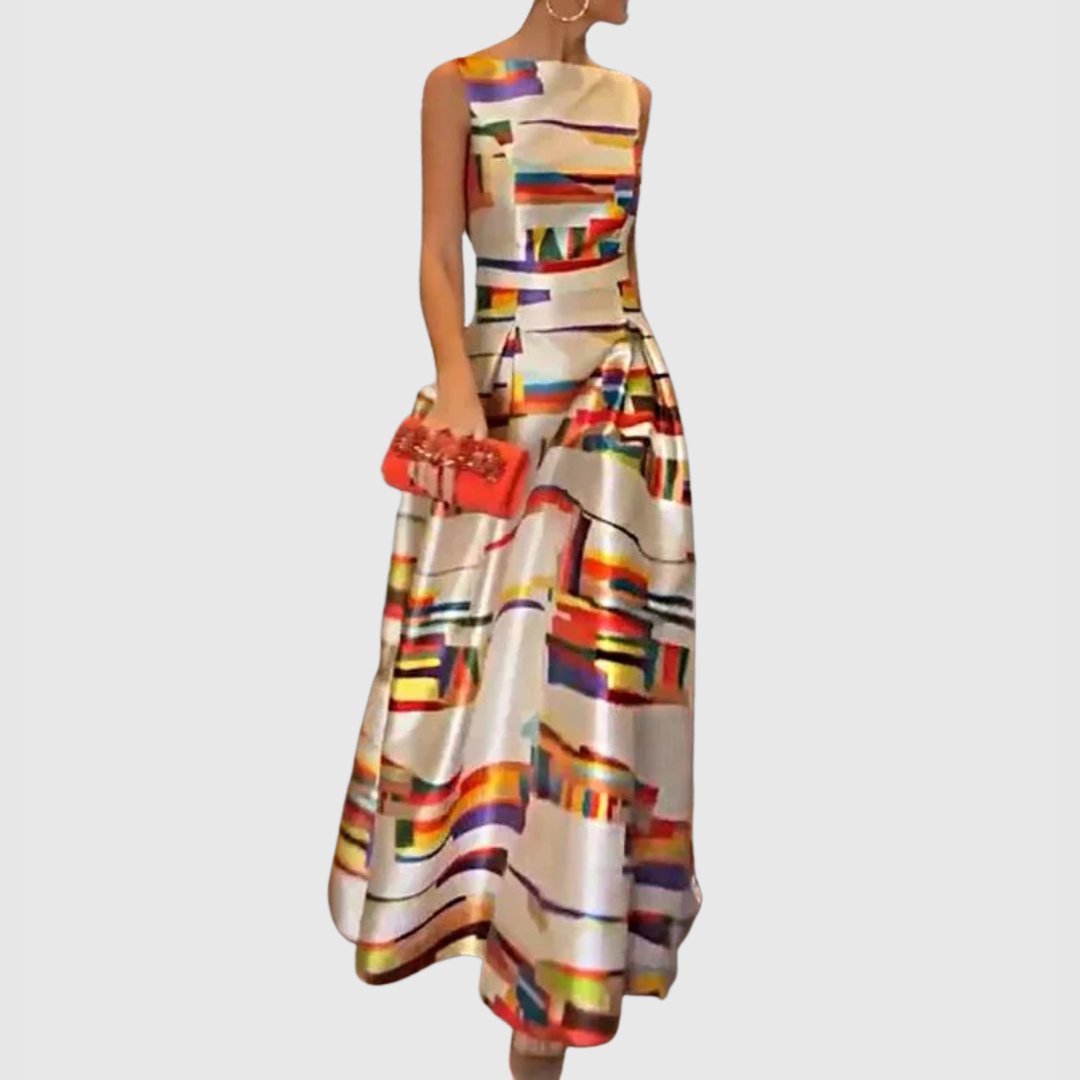 Dames Mouwloze Satin Maxi Jurk Abstracte Print