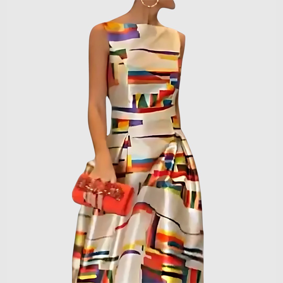 Dames Mouwloze Satin Maxi Jurk Abstracte Print