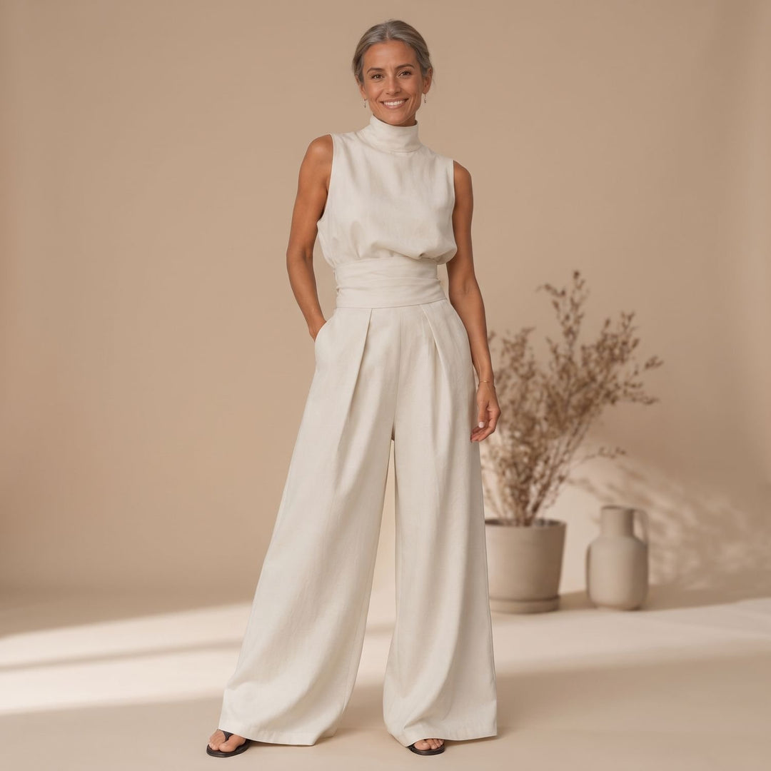 Dames Mouwloze Tweedelige Set Wide-Leg Broek Hoge Taille - Gebroken Wit