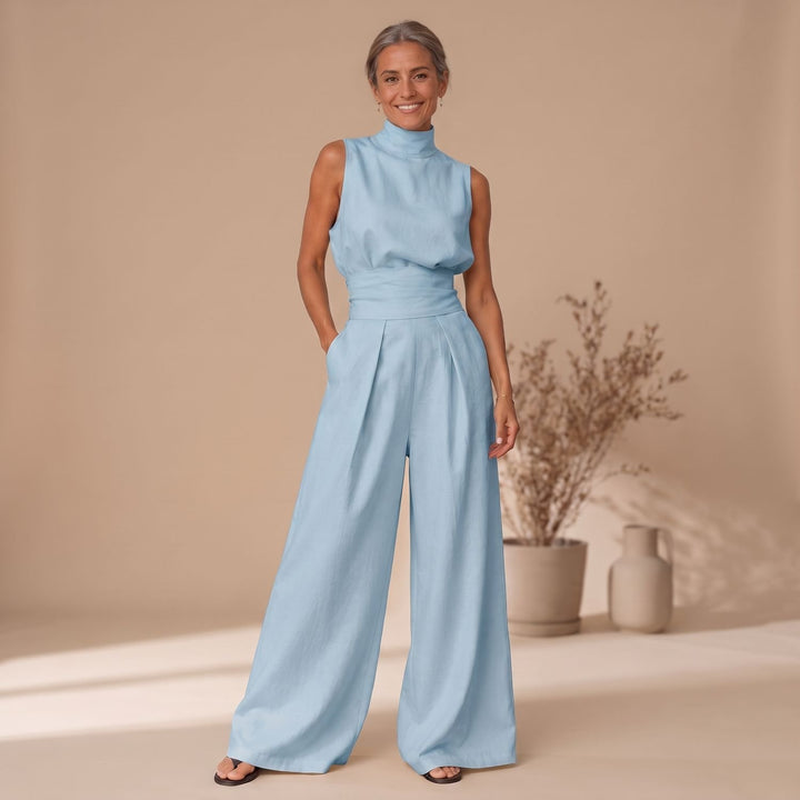Dames Mouwloze Tweedelige Set Wide-Leg Broek Hoge Taille - Lichtblauw