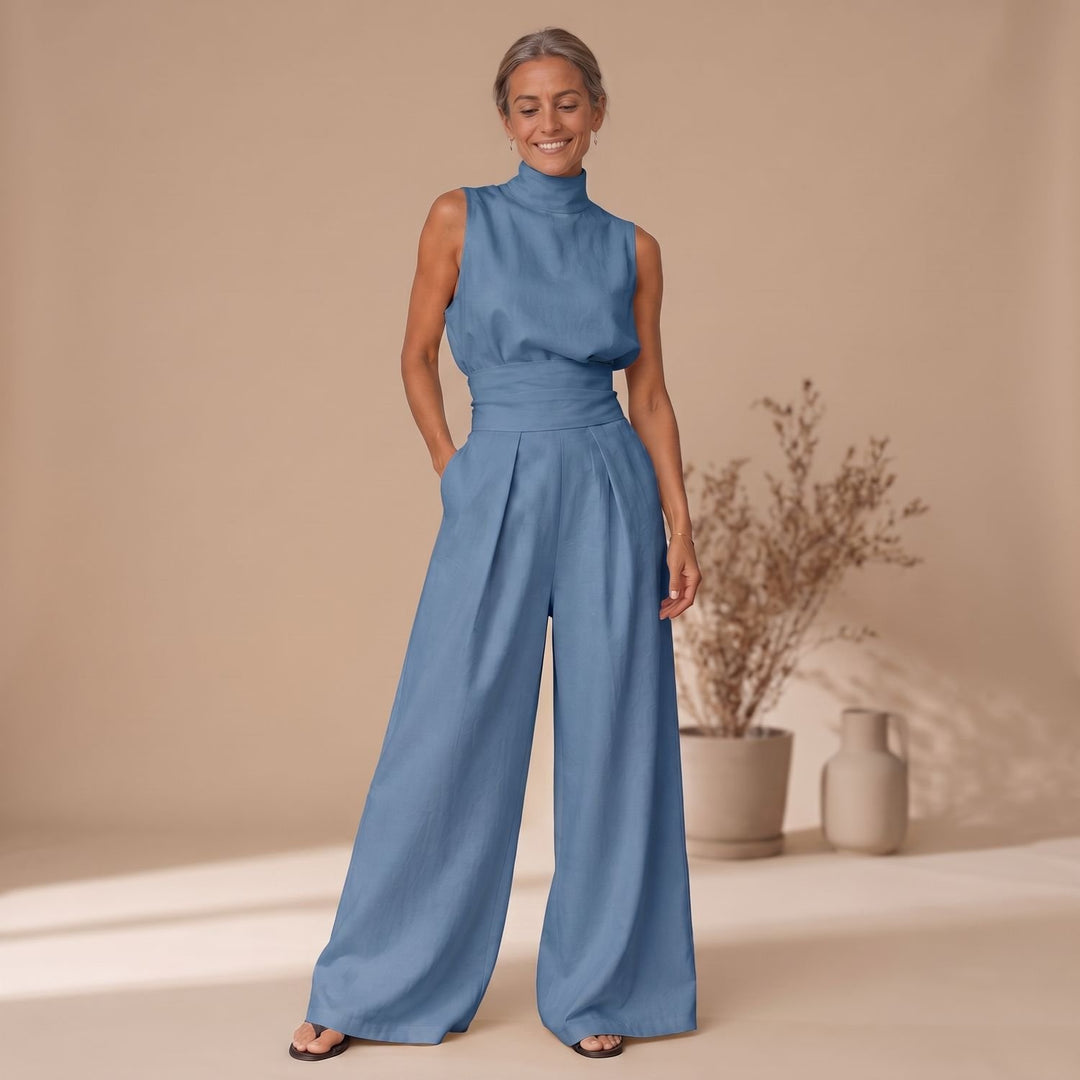Dames Mouwloze Tweedelige Set Wide-Leg Broek Hoge Taille - Blauw