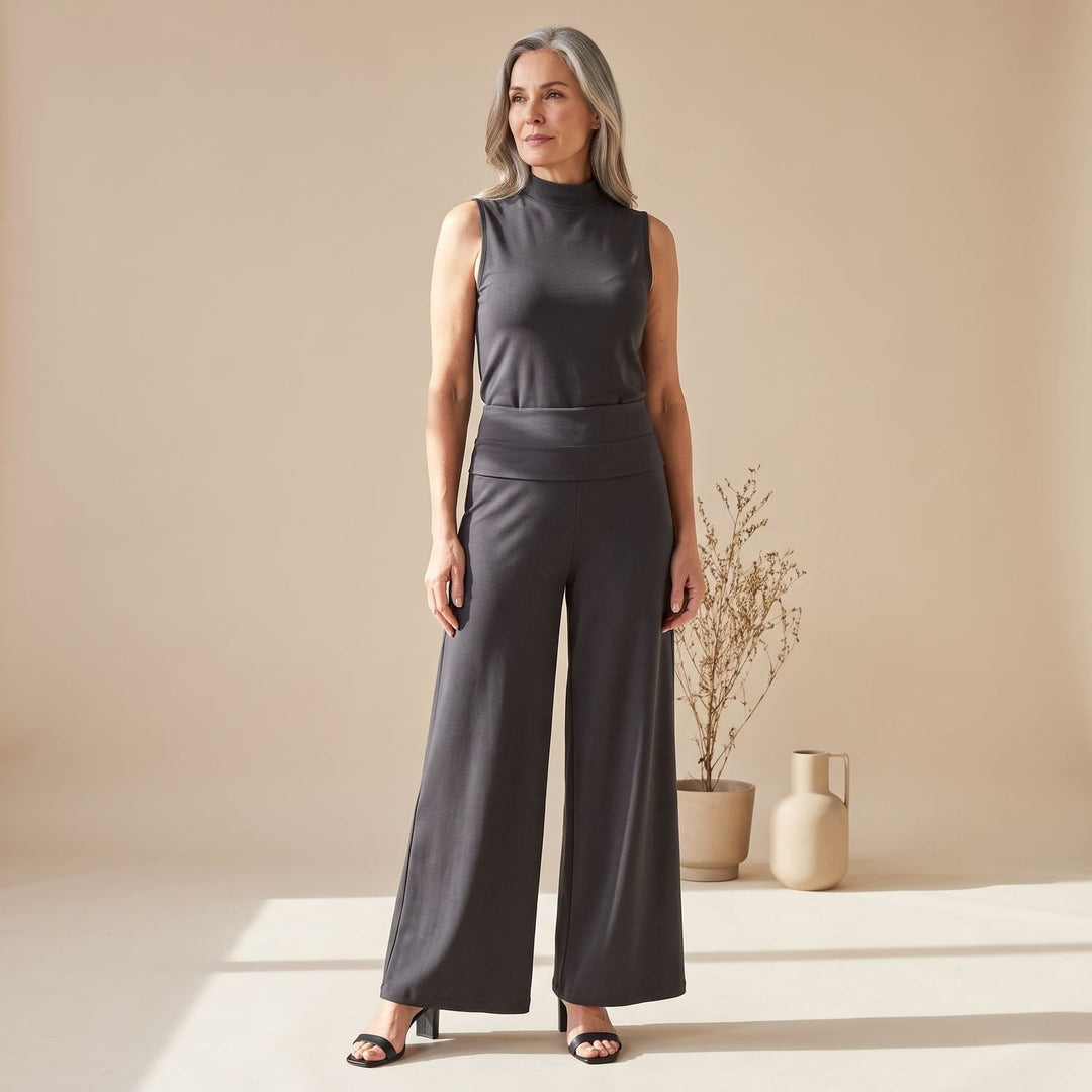 Dames Mouwloze Tweedelige Set Wide-Leg Broek Hoge Taille - Grafiet