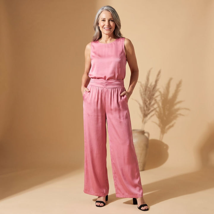 Dames Mouwloze Tweedelige Set Wide-Leg Broek Hoge Taille - Roze