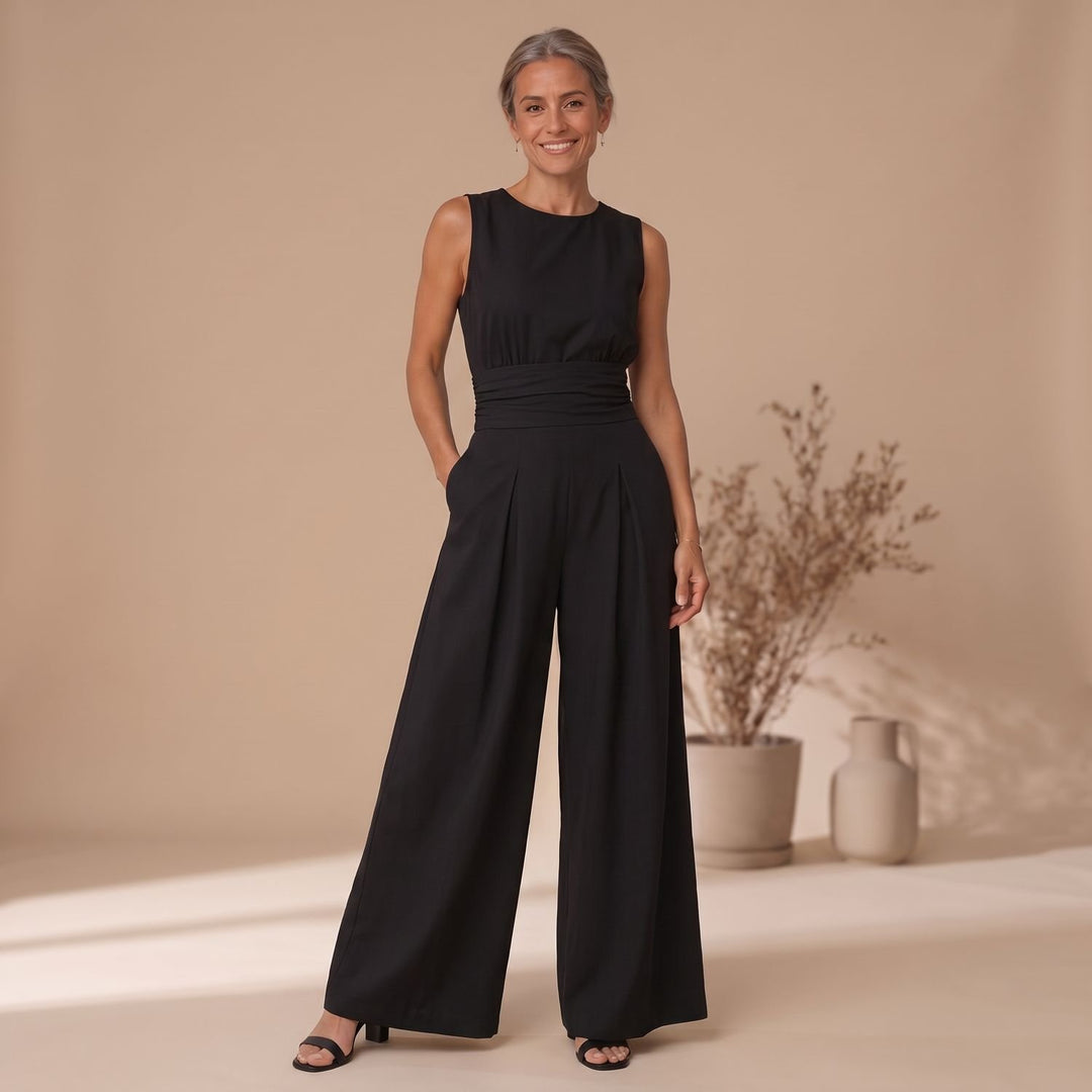 Dames Mouwloze Tweedelige Set Wide-Leg Broek Hoge Taille - Zwart