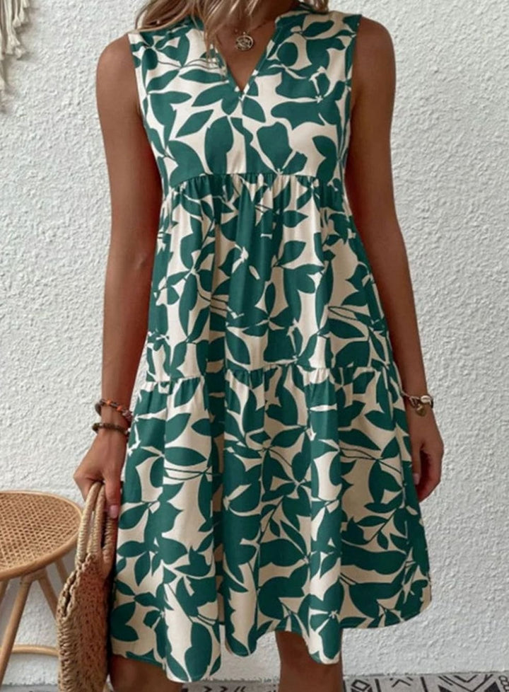 Dames Mouwloze V-hals Bladprint Gelaagde Midi Zomerjurk