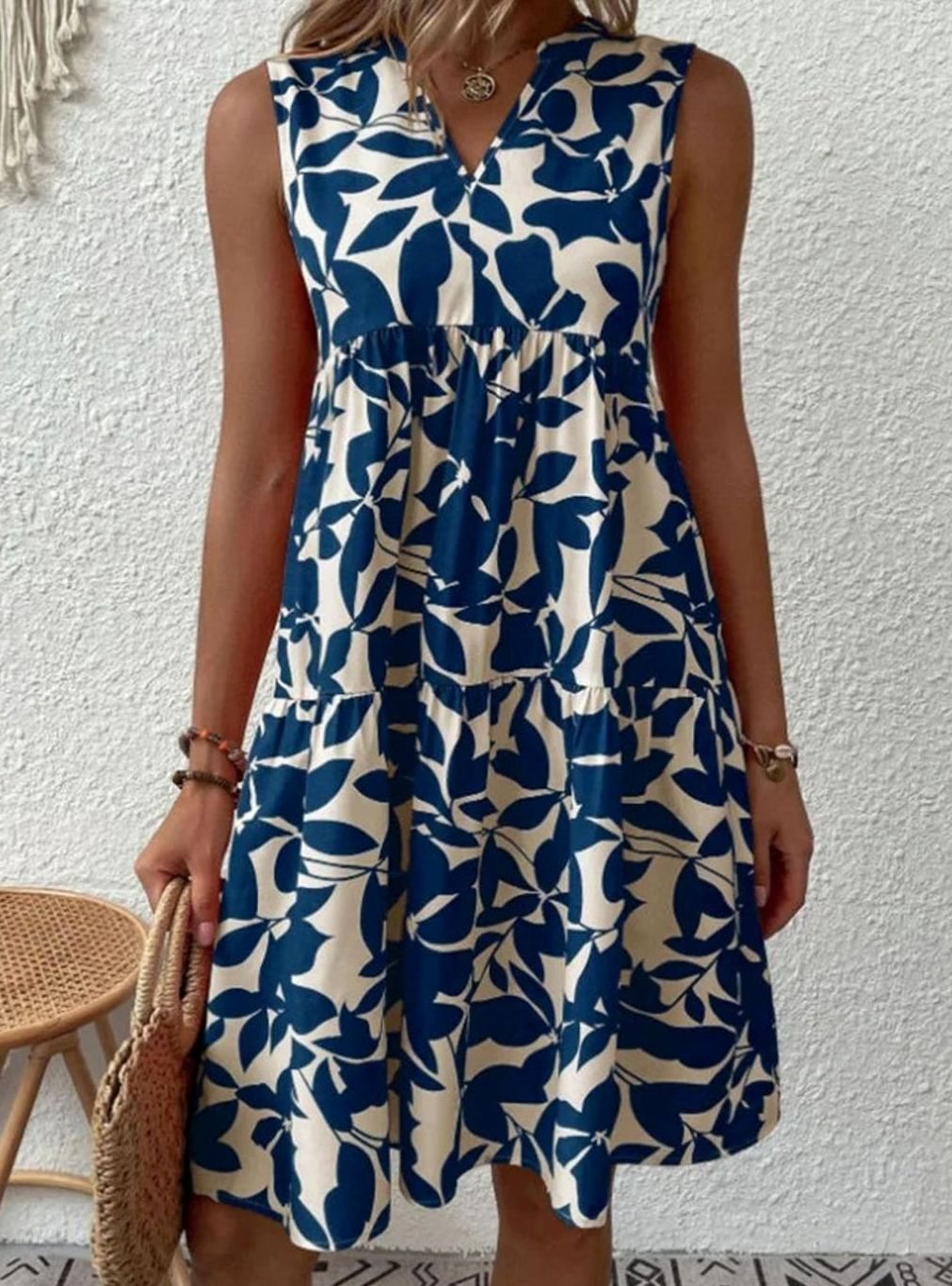 Dames Mouwloze V-hals Bladprint Gelaagde Midi Zomerjurk