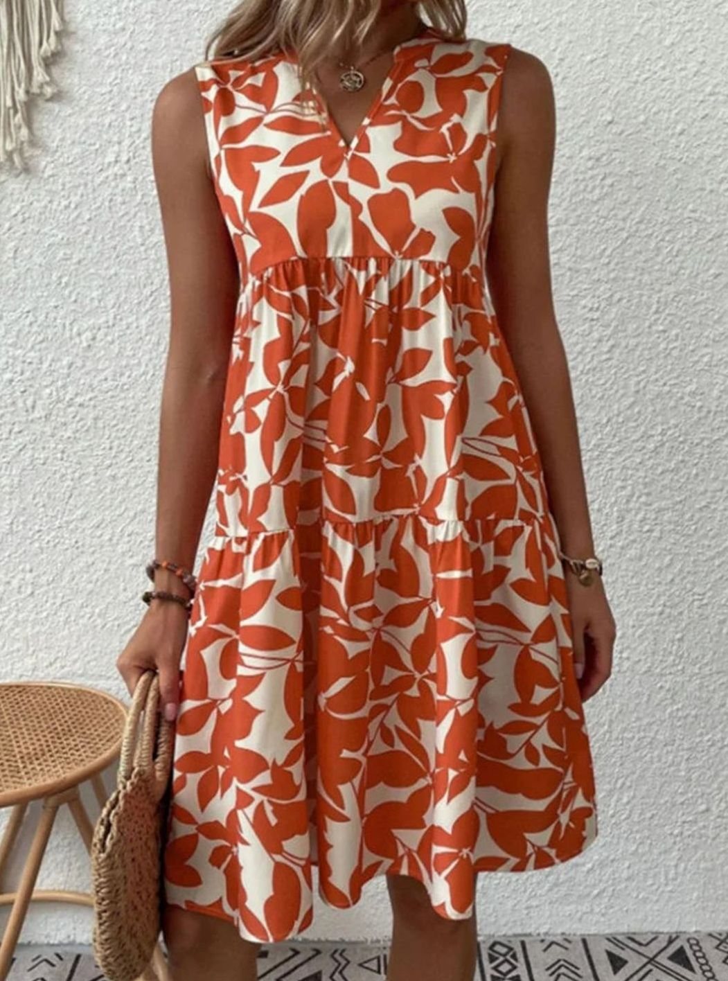 Dames Mouwloze V-hals Bladprint Gelaagde Midi Zomerjurk