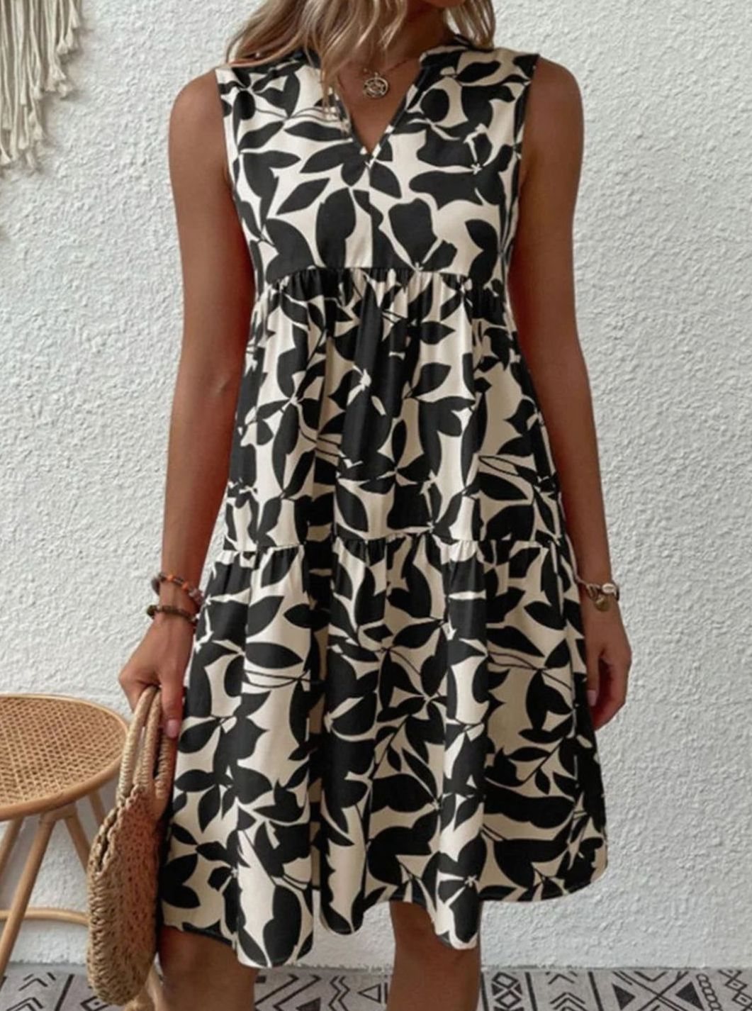 Dames Mouwloze V-hals Bladprint Gelaagde Midi Zomerjurk