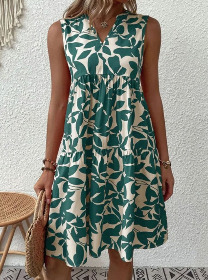 Dames Mouwloze V-hals Bladprint Gelaagde Midi Zomerjurk - Groen
