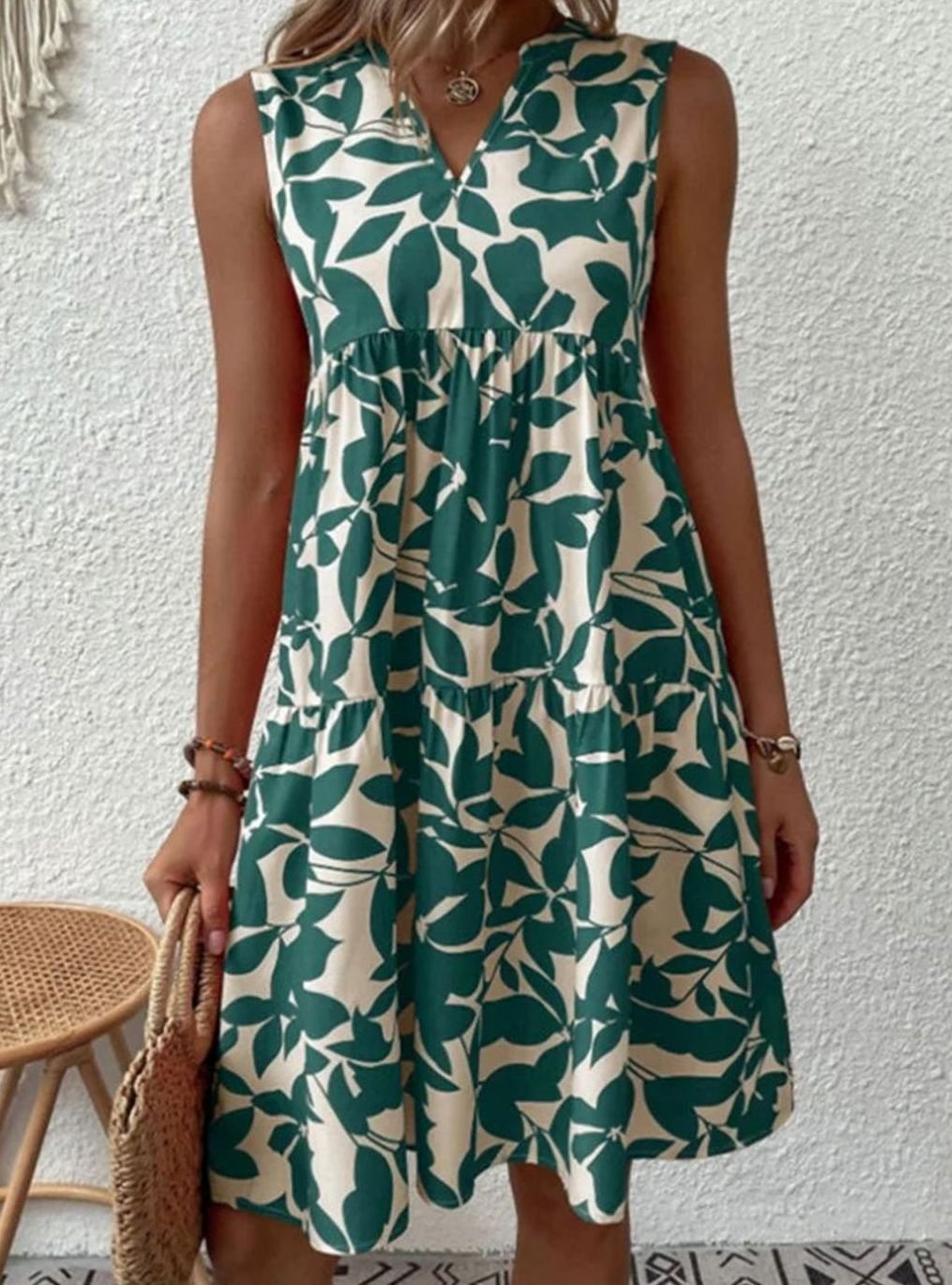 Dames Mouwloze V-hals Bladprint Gelaagde Midi Zomerjurk - Groen