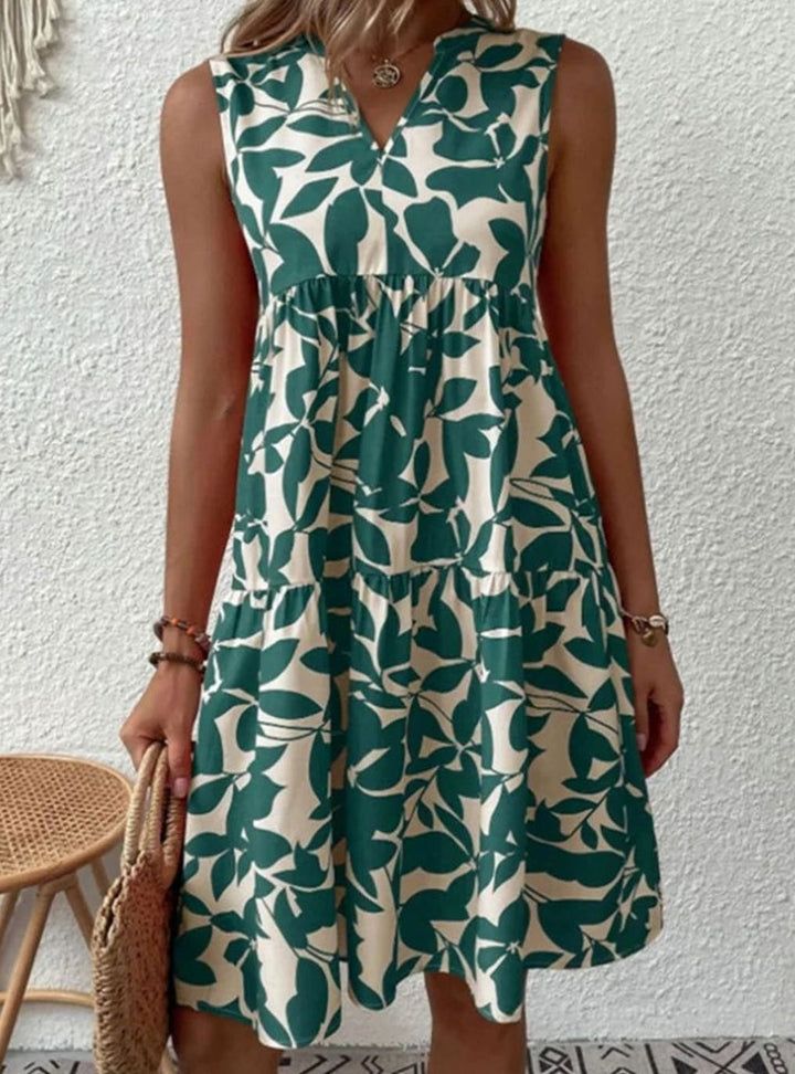 Dames Mouwloze V-hals Bladprint Gelaagde Midi Zomerjurk - Groen