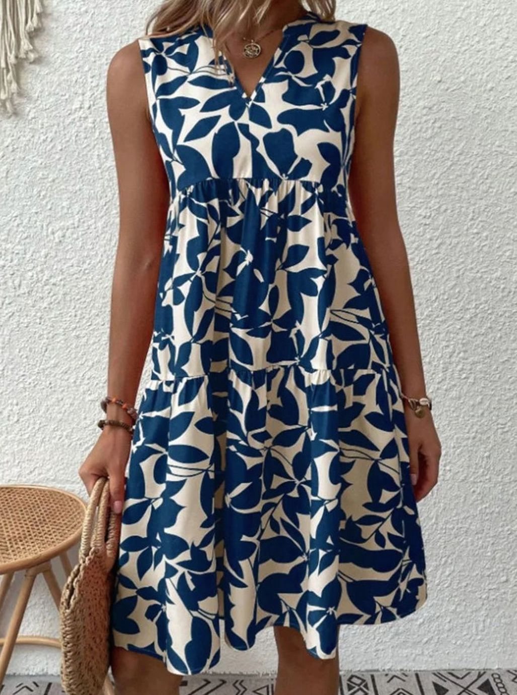 Dames Mouwloze V-hals Bladprint Gelaagde Midi Zomerjurk - Blauw