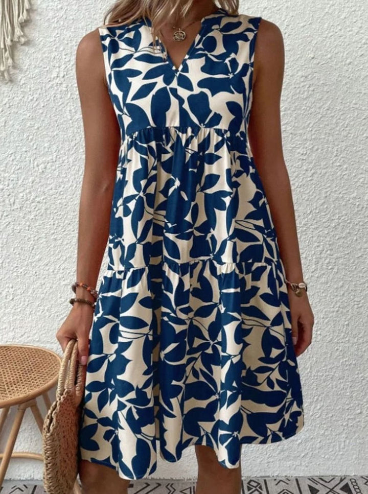 Dames Mouwloze V-hals Bladprint Gelaagde Midi Zomerjurk - Blauw