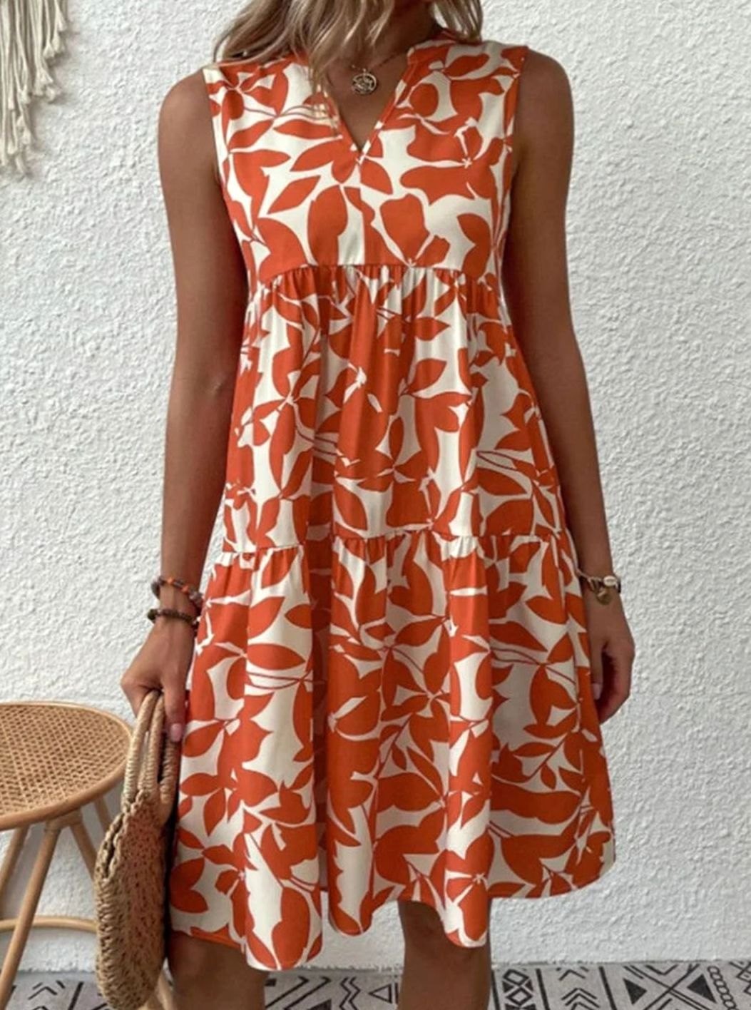 Dames Mouwloze V-hals Bladprint Gelaagde Midi Zomerjurk - Rood