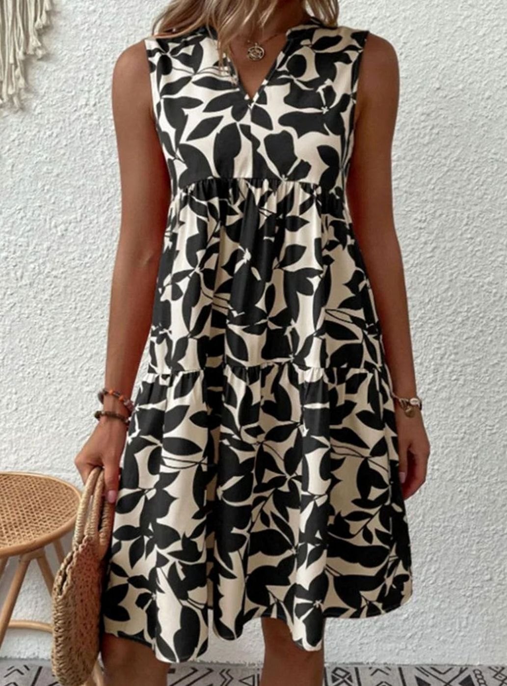 Dames Mouwloze V-hals Bladprint Gelaagde Midi Zomerjurk - Zwart