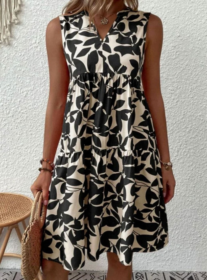 Dames Mouwloze V-hals Bladprint Gelaagde Midi Zomerjurk - Zwart