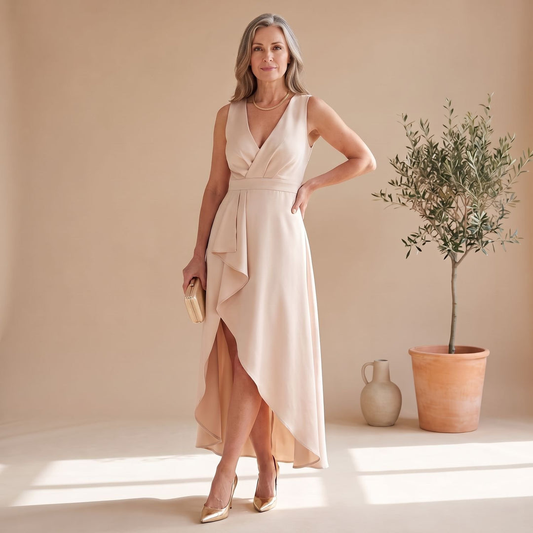 Dames Mouwloze V-hals Feestjurk met Wikkelrok en Split - Beige