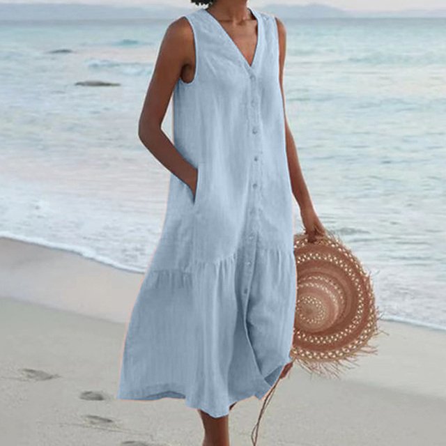 Dames Mouwloze V-hals Knoopsluiting Midi-jurk - Blue