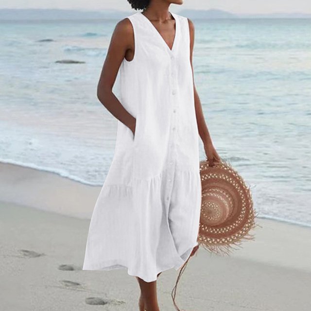 Dames Mouwloze V-hals Knoopsluiting Midi-jurk - White