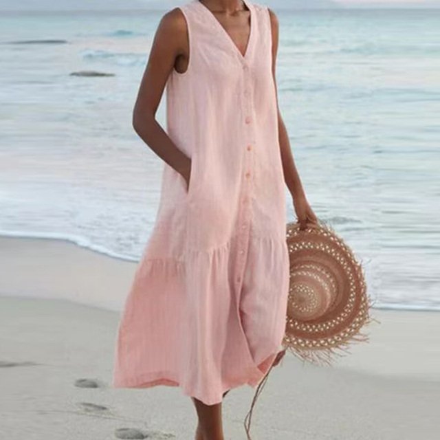 Dames Mouwloze V-hals Knoopsluiting Midi-jurk - Pink