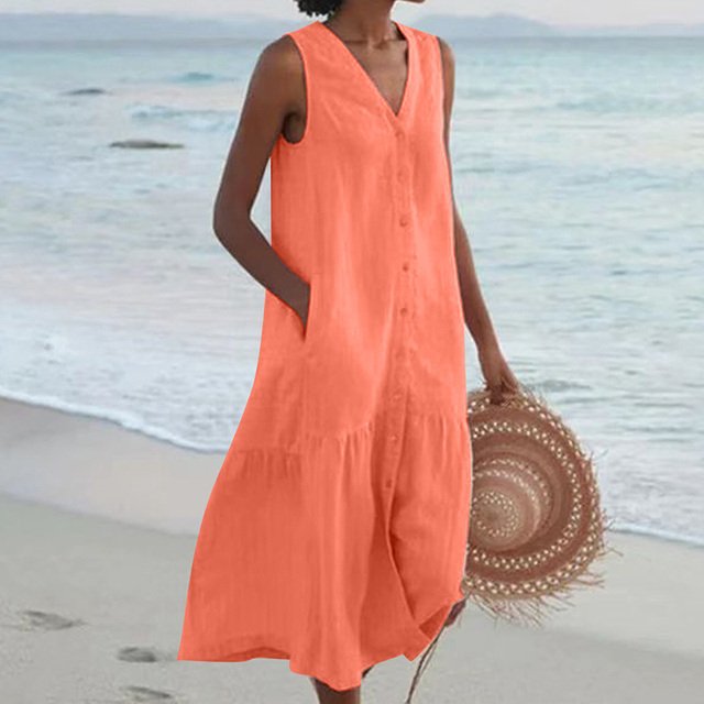 Dames Mouwloze V-hals Knoopsluiting Midi-jurk - Orange