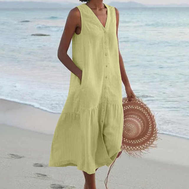 Dames Mouwloze V-hals Knoopsluiting Midi-jurk - Green
