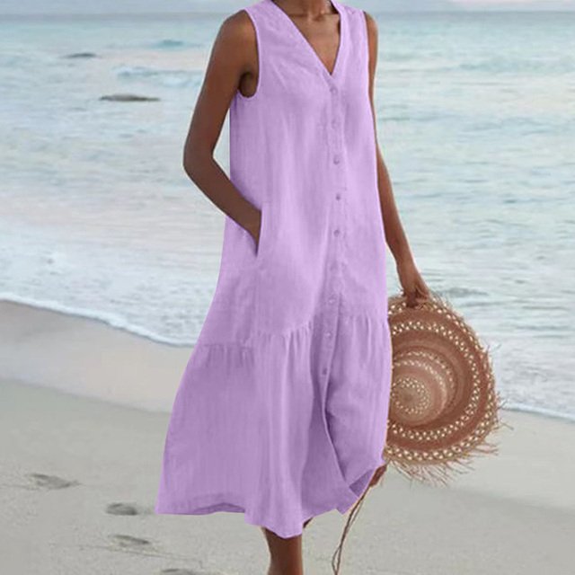 Dames Mouwloze V-hals Knoopsluiting Midi-jurk - Purple
