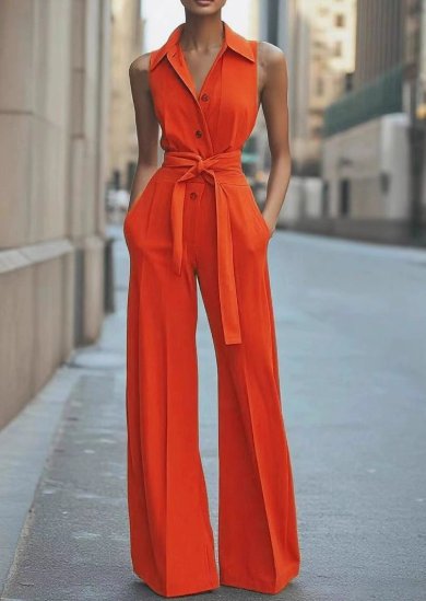Dames Mouwloze Wide-Leg Jumpsuit met Riem - Orange