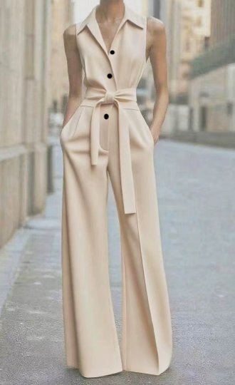 Dames Mouwloze Wide-Leg Jumpsuit met Riem - Beige