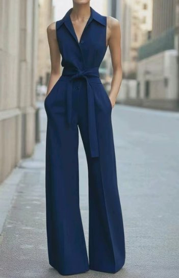 Dames Mouwloze Wide-Leg Jumpsuit met Riem - Navy Blue