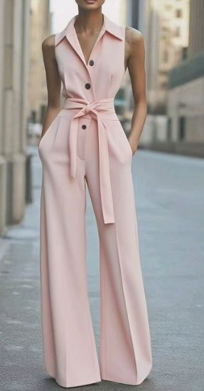 Dames Mouwloze Wide-Leg Jumpsuit met Riem - Pink