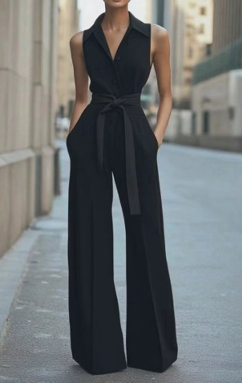Dames Mouwloze Wide-Leg Jumpsuit met Riem - Black