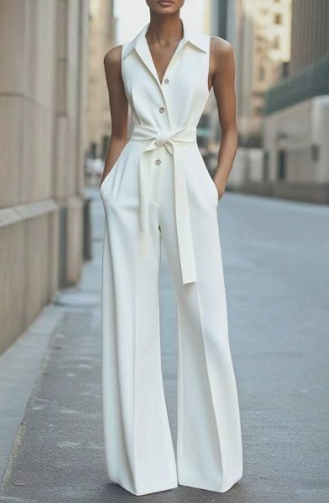 Dames Mouwloze Wide-Leg Jumpsuit met Riem - White