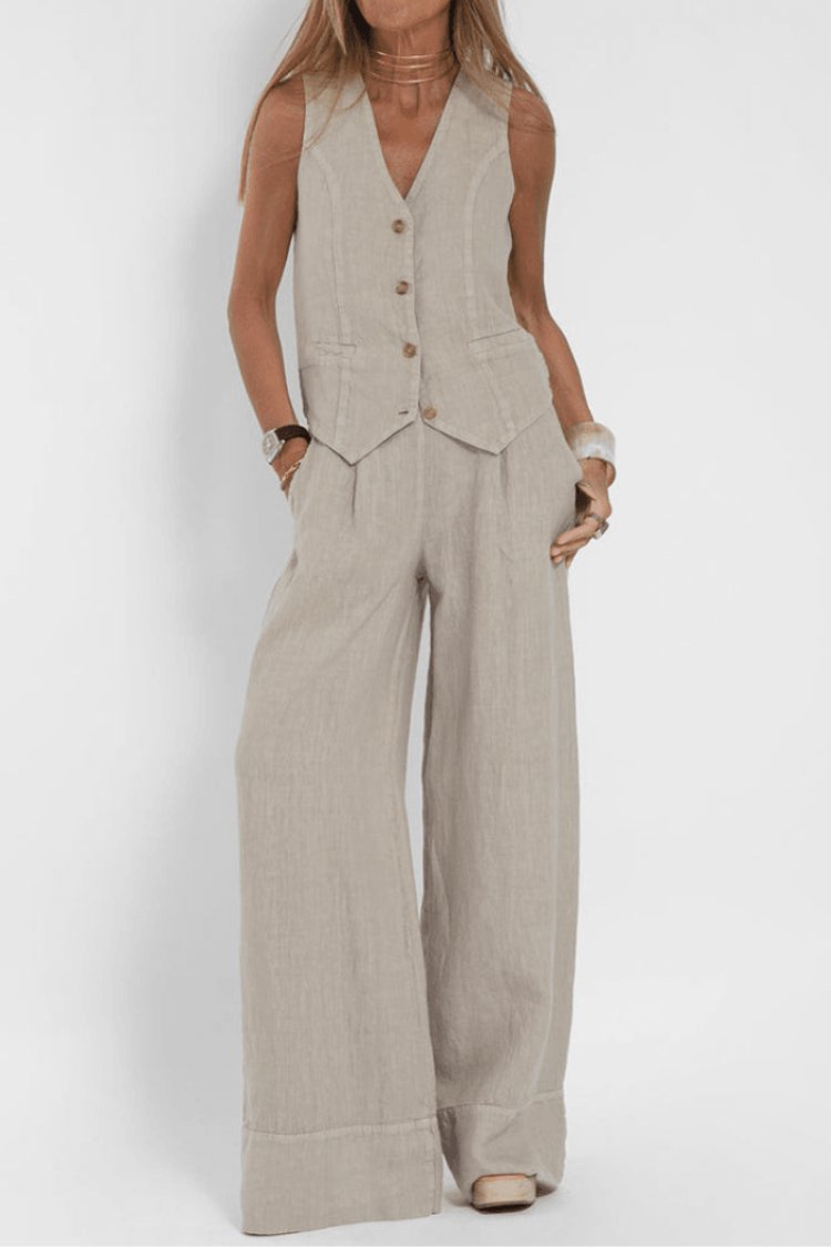 Dames Mouwloze Wide-Leg Two-Piece Set - Beige