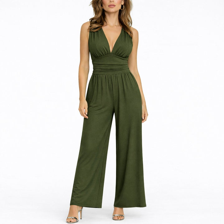 Dames Mouwloze Wide-Leg V-hals Jumpsuit - Donkergroen