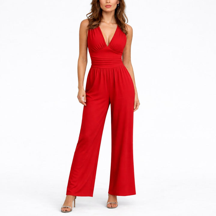 Dames Mouwloze Wide-Leg V-hals Jumpsuit - Rood