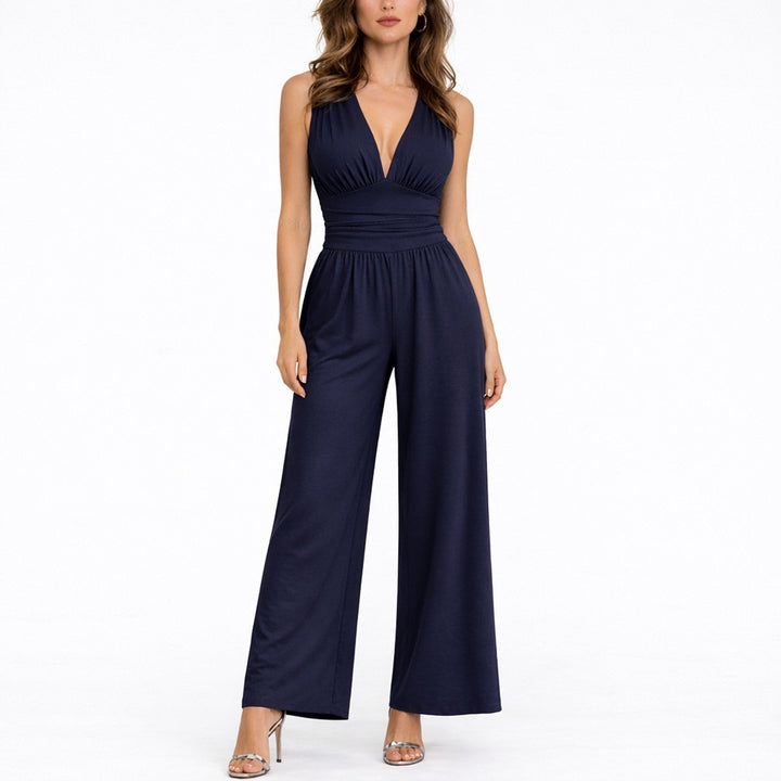 Dames Mouwloze Wide-Leg V-hals Jumpsuit - Marineblauw