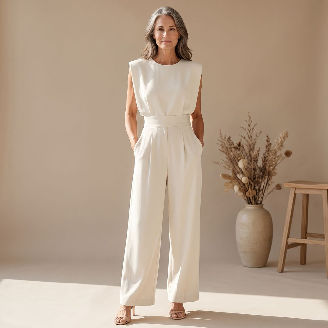 Dames Mouwloze Wijdbeens Jumpsuit met Hoge Taille - Beige