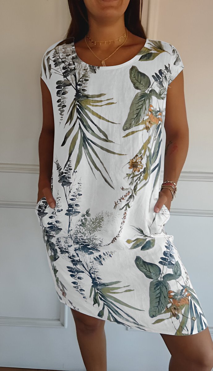 Dames Mouwloze Zomerjurk met Tropische Bladprint en Zakken - Wit en Groen