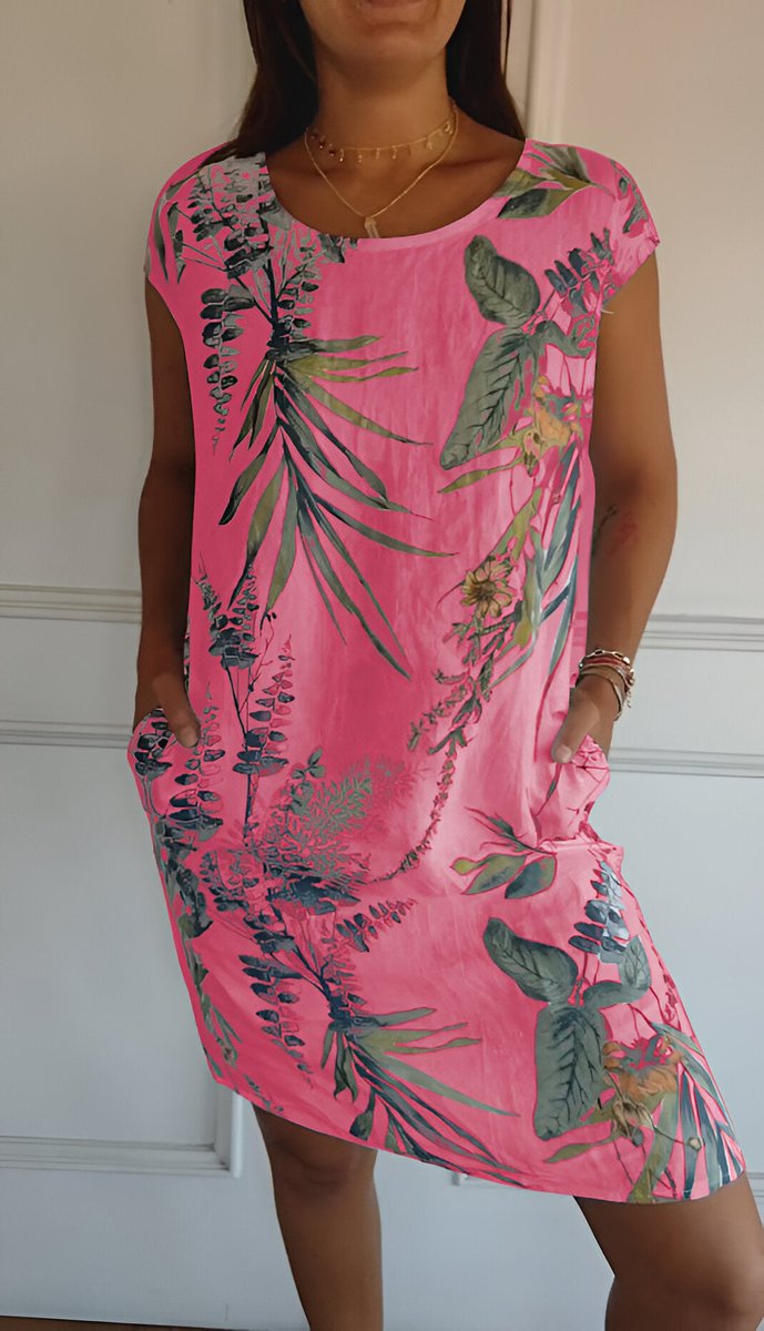 Dames Mouwloze Zomerjurk met Tropische Bladprint en Zakken - Roze