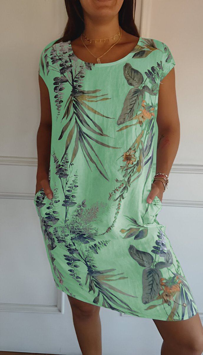 Dames Mouwloze Zomerjurk met Tropische Bladprint en Zakken - Groen