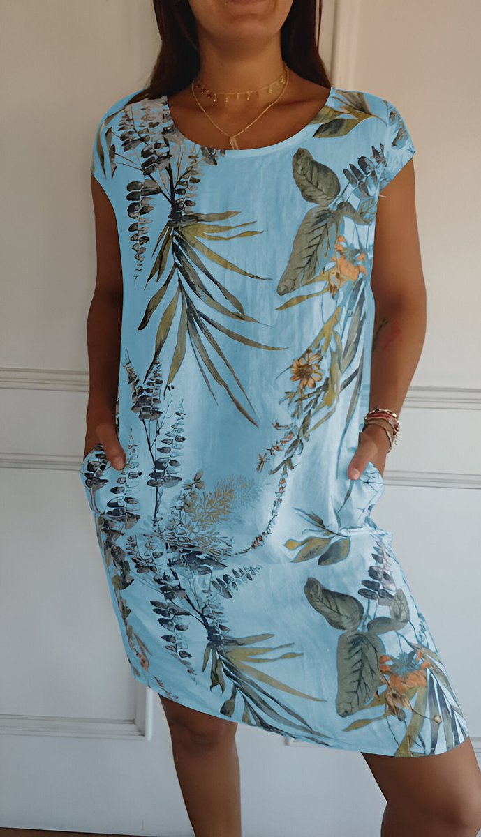 Dames Mouwloze Zomerjurk met Tropische Bladprint en Zakken - Lichtblauw