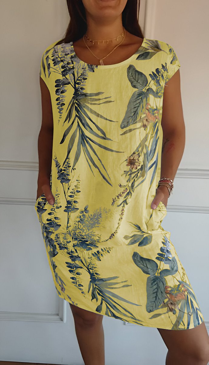 Dames Mouwloze Zomerjurk met Tropische Bladprint en Zakken - Geel