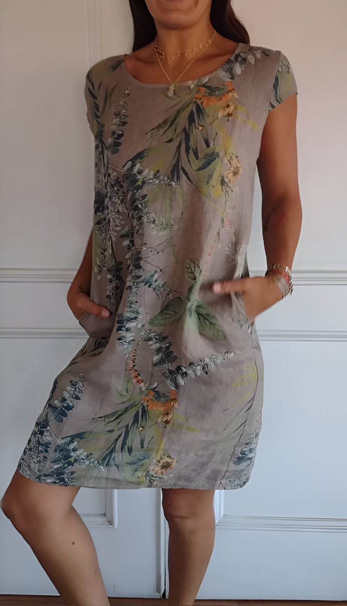 Dames Mouwloze Zomerjurk met Tropische Bladprint en Zakken - Bruin