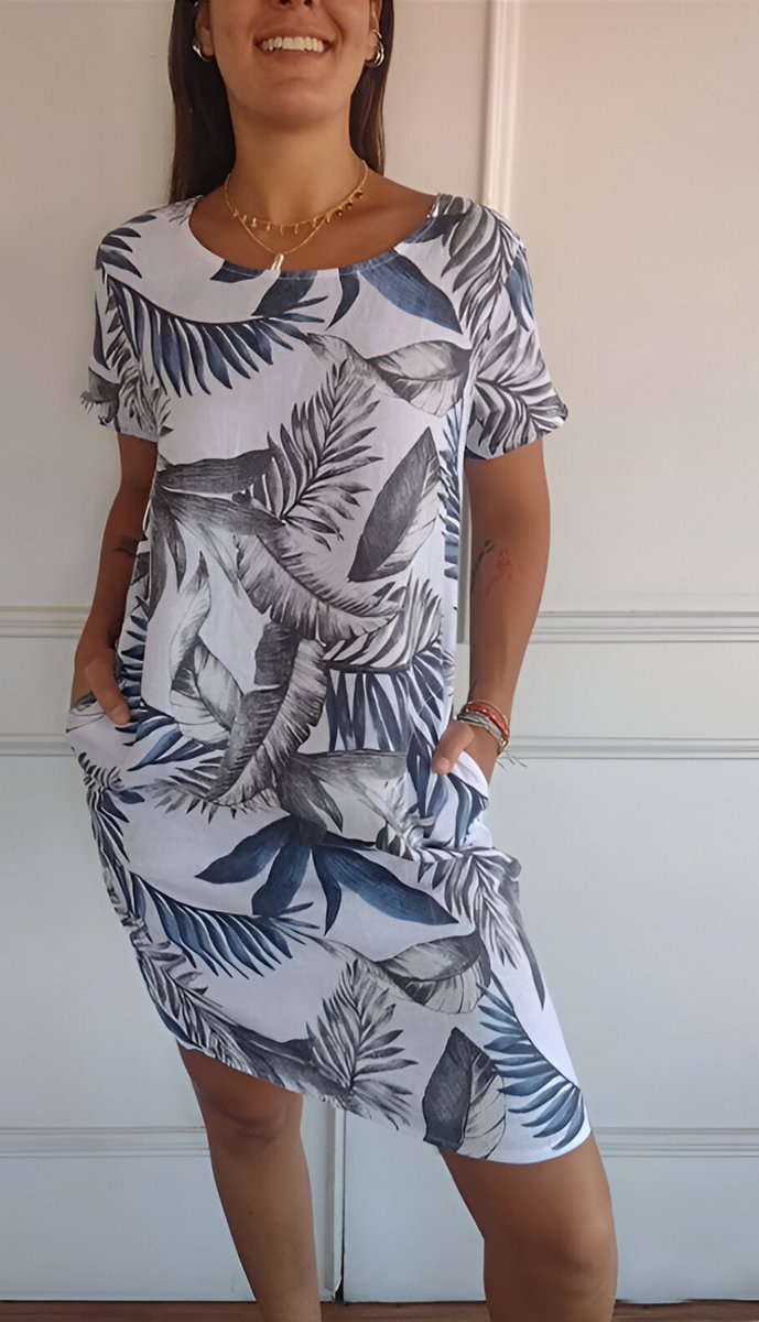 Dames Mouwloze Zomerjurk met Tropische Bladprint en Zakken - Wit en Blauw