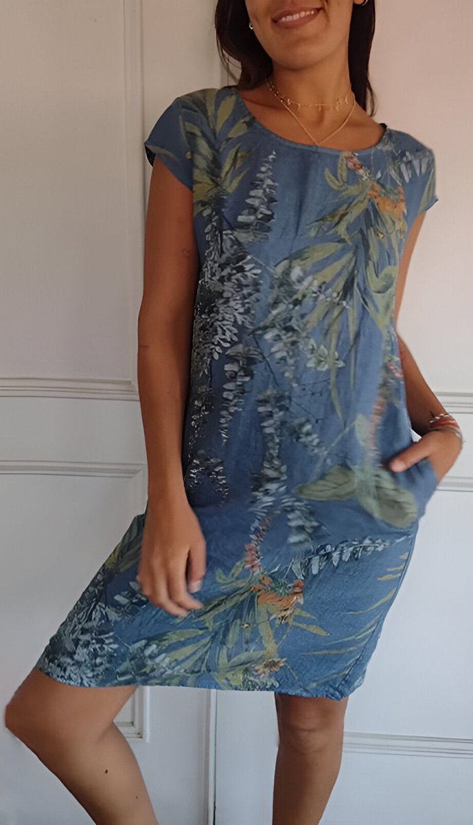 Dames Mouwloze Zomerjurk met Tropische Bladprint en Zakken - Blauw