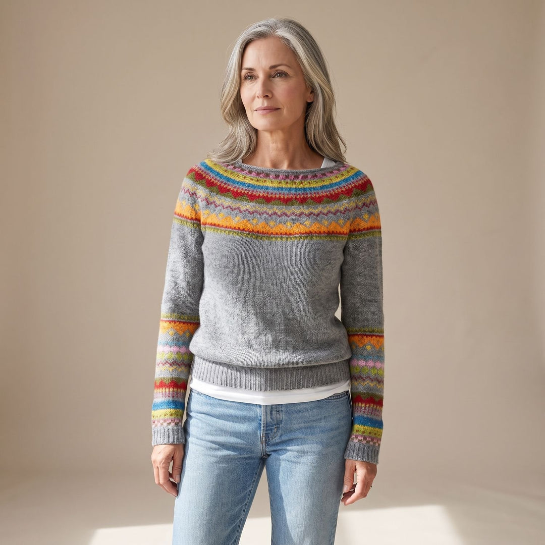 Dames Noorse Trui Kleurrijk Gebreide Pullover met Ronde Hals - Veelkleurig