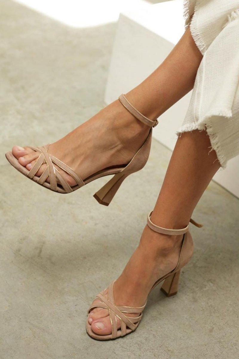 Dames Nude Strappy Blokhak Sandalen Enkelband - Brown