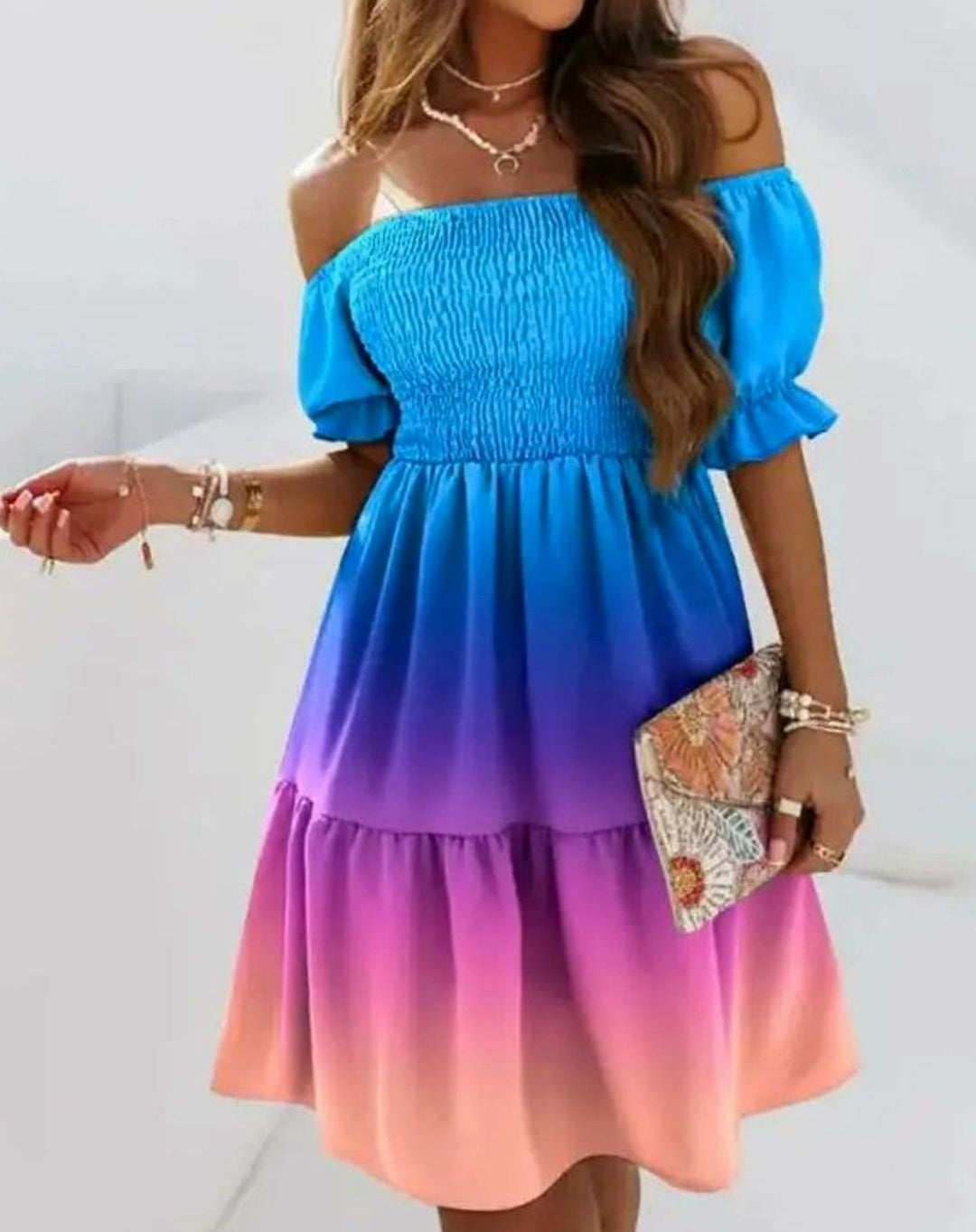 Dames Off-Shoulder Bloemenprint Mini Zomerjurk - Stijl 5