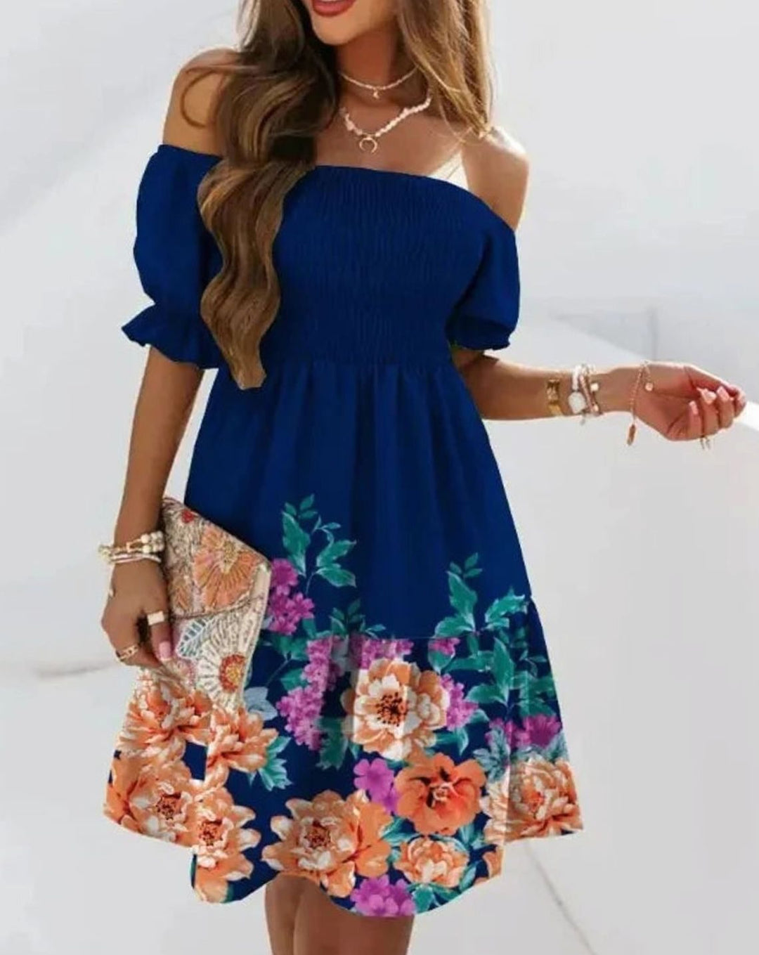 Dames Off-Shoulder Bloemenprint Mini Zomerjurk - Stijl 1